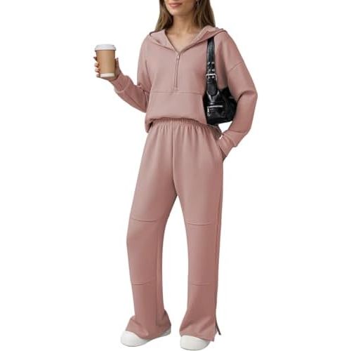 Pink Queen Women's 2 Piece Lounge Sets Half Zip Hooded Sweatshirt and Wide Leg Sweatpants Sweatsuit Tracksuit Matching Set