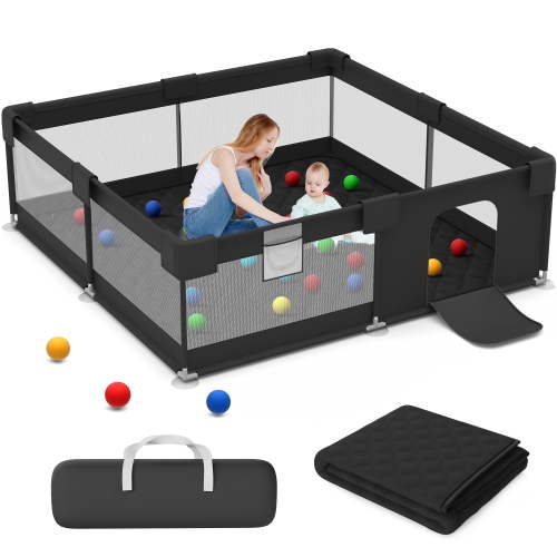 Babyeap Baby Playpen With Mat,50"x50"Play Pen for Babies and Toddlers,Play Yard With Gate for Indoor Outdoor,Black
