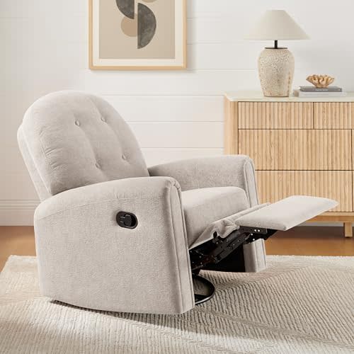 VANOMi 360 Swivel Rocker Recliner Chair, Nursery Rocking Chair with Tufted Backrest, Manual Recliner Chairs for Small Spaces, Upholstered Glider Rocker Recliner for Living Room, Bedroom (Camel)