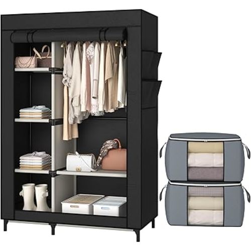 Calmootey Portable Closet, Wardrobe with 6 Shelves and Hanging Rod, Storage Organizer for Bedroom, Non-Woven Fabric Cover with 4 Side Pockets, Includes 2 Storage Bags for Clothes, Black