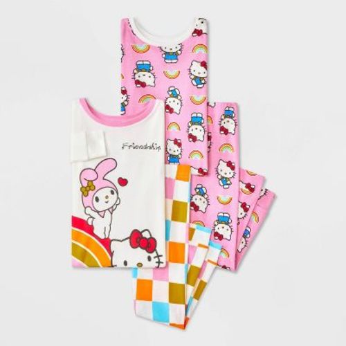 Toddler Girls' 4pc Hello Kitty Cotton Long Sleeve Rainbow Pajama Set - Pink/White