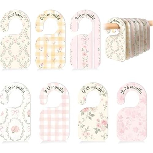 7 PCS Coquette Flower Closet Dividers, PVC Soft Pink Baby Girl Wardrobe Separators with Double-Sided Size Labels for Newborn to 24 Months, Watercolor Floral Nursery Room Decor
