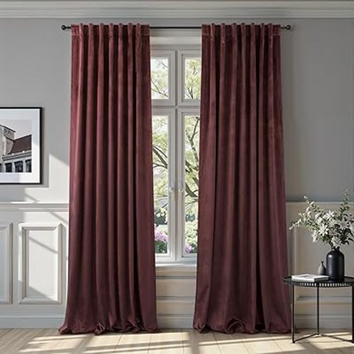Ruby Wine Velvet Curtains 84 Inch Length for Living Room 2 Panels Back Tab Pocket Luxury Drapes Thermal Insulated Darkening Curtain for Girls Bedroom Vintage Victorian Decor Dark Purple Red 52x84 Long
