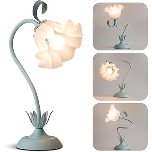Flower Desk Lamp, Cute Vintage Reading Table Lamp for Bedroom, Small Bedside Nightstands Light with 3 Color Modes, Kawaii Decor for Dorm Living Room Office (Powder Blue)