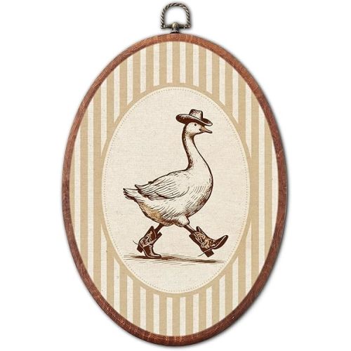 Vintage Cowboy Goose Nursery Oval Wall Art Framed, Yellow Striped Canvas Prints, Western Animal Retro Boy or Girl Gift Hanging Wall Decor for Kids Toddler Room Bedroom Playroom, 8.6x11.4 Inch