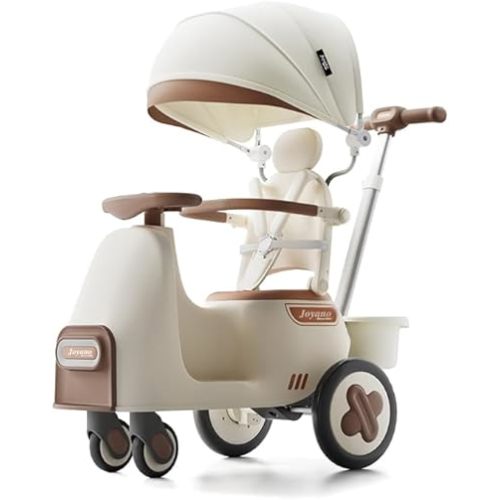 Ride-On Parent Push Car with Canopy, Music, Adjustable Handle, and Safety Features for Ages 12-60 Months Cream White with Olive Brown Accents