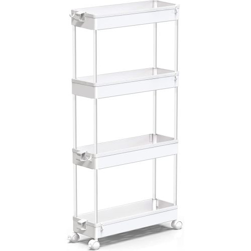 SPACEKEEPER Slim Rolling Storage Cart 4 Tier Bathroom Organizer Mobile Shelving Unit Utility Cart Tower Rack for Kitchen Laundry Narrow Places, White