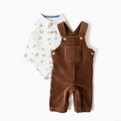 Picolette by Olivia Culpo Baby Boys' Oliver Dog 2pc Long Sleeve Bodysuit and corduroy Overalls Set - Brown/White Newborn