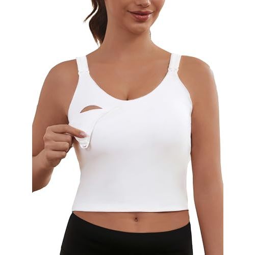 Ecavus Nursing Bras for Breastfeeding Longline Sports Maternity V Neck Buttery Soft Crop Tank Top with Built in Bra