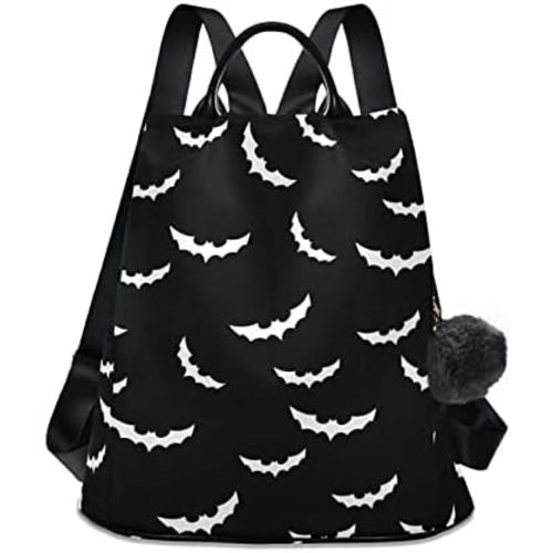 Bats Halloween Backpack Purse for Women Nylon Anti-theft Travel Backpack Lightweight Shoulder Bag with Plush Ball Keychain