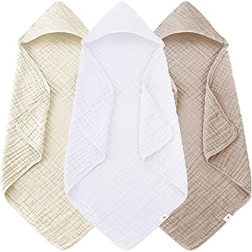 Sunny zzzZZ Muslin Hooded Baby Bath Towels - 3 Pack 100% Cotton Soft Low-Saturation Pastel Towels Including Classic White for Newborns, Infants, Toddlers - 32x32 Inch - Ivory, Brown and White