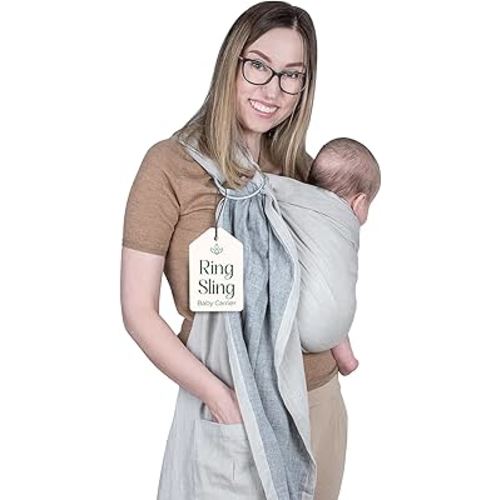 Ring Sling Baby Carrier - USA Lab Tested, 100% Natural Cotton Muslin, Breathable & Ergonomic Ring Sling Beige Grey