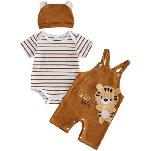 Baby Boy Clothes Set Infant Striped Short Sleeve Bodysuit Top Animal Suspender Shorts Newborn Summer Outfit