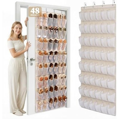 48 Pockets Over the Door Shoe Organizer, Mesh Hanging Shoe Rack for Women, 6-Column Heavy Duty Shoe Storage for Sneakers & Heels, Behind Door Holder for Entryway Bedroom Dorm College, Beige