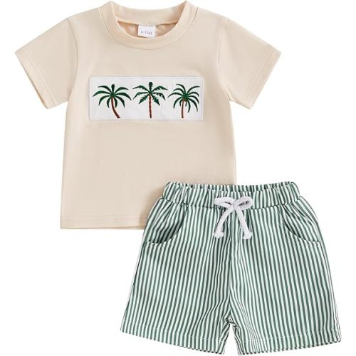 Toddler Baby Boy Summer Outfits Short Sleeve Embroidered T Shirt Tees + Striped/Plaid Shorts Infant Clothes Set
