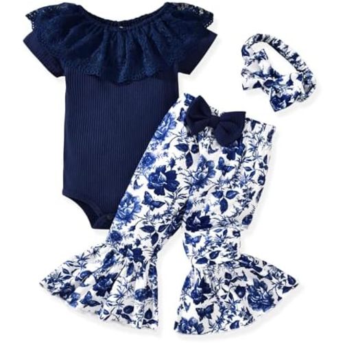 HINTINA Newborn Baby Girl Short Sleeve Bodysuit Flared Pants Ribbed Outfits
