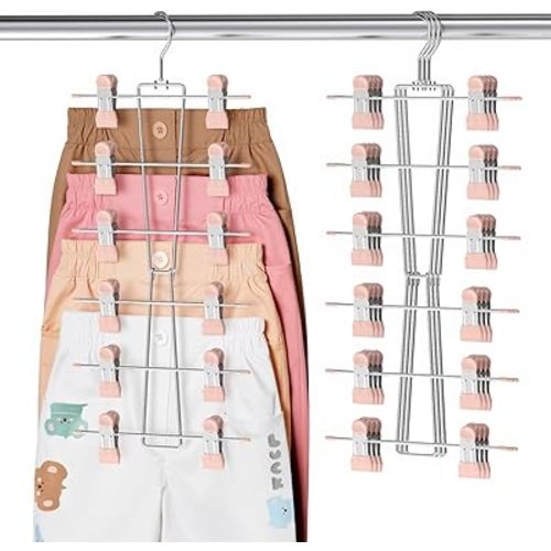 DOIOWN 6-Tier Baby Hangers with Clips - Space Saving Kids Pants Hangers for Babies & Kids Pant,Clothe,Adjustable Toddler Clothes Hanger for Newborn Children Closet Organization Pink 4Pack