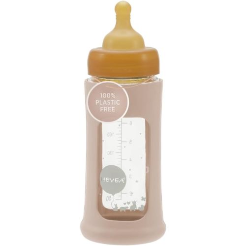 HEVEA Plastic-Free Wide Neck Glass Baby Bottle with Sand Sleeve - Medium Flow Anti Colic Baby Bottles 3-24 Months - BPA-Free, Single-Pack (8.5 Oz)