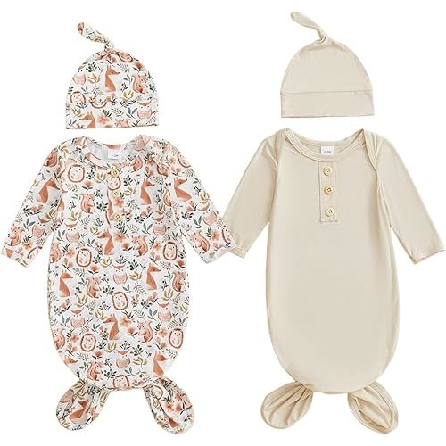 woshilaocai 2 Pack Baby Boy Girl Gown Sleeper Newborn Knotted Nightgown and Hat Set Infant Sleepwear