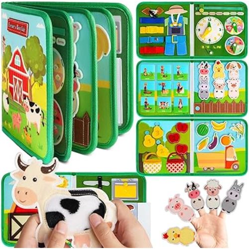 Quanquer Busy Board for Toddler 1-3 - Montessori Toy for 1 2 3 4 Years Old Kids Boys Girls - Farm Busy Book for Educational Learning Development Activities Sensory - Car Airplane Travel Toys