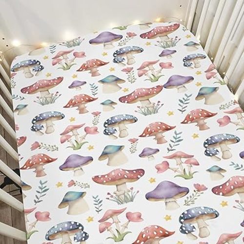 Fairytale Mushroom Baby Crib Sheets for Boy Girl 52x28Inch Colorful Mushrooms Floral Leaves Soft Snug Fitted Crib Mattress Cover Magical Plant Baby Sheet for Standard Crib & Toddler Bed Mattress
