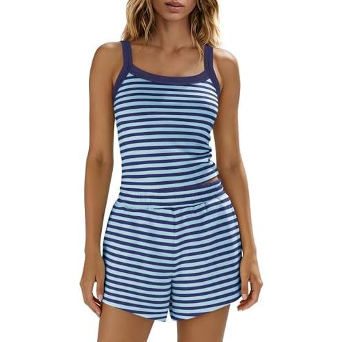 Panadila Women Striped Lounge Set 2 Piece Shorts Sets Spaghetti Strap Tank Top High Waisted Shorts Travel Outfits