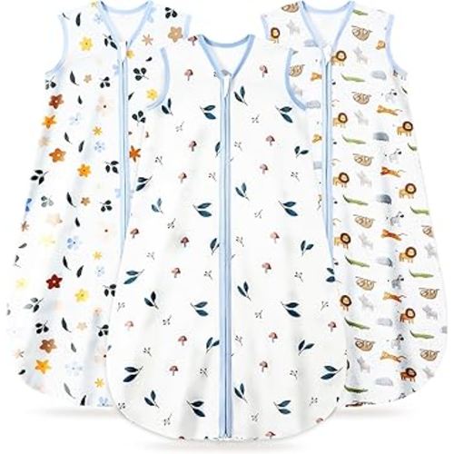 Baby Sleep Sack 6-12 Months, 100% Organic Cotton Wearable Blanket for Babies, 2-Way Zipper TOG 0.5 Lightweight Breathable Baby Sleeping Bag, 4 Sizes-M Animal&Plant&White