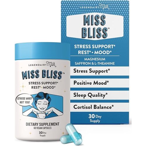 Legendairy Milk Miss Bliss™ Stress Support for Women – Stress Relief Supplement with affron® Saffron, Magnesium Glycinate + Citrate & L-Theanine – Calm & Mood Balance, Non-Drowsy, 60 Vegan Capsules