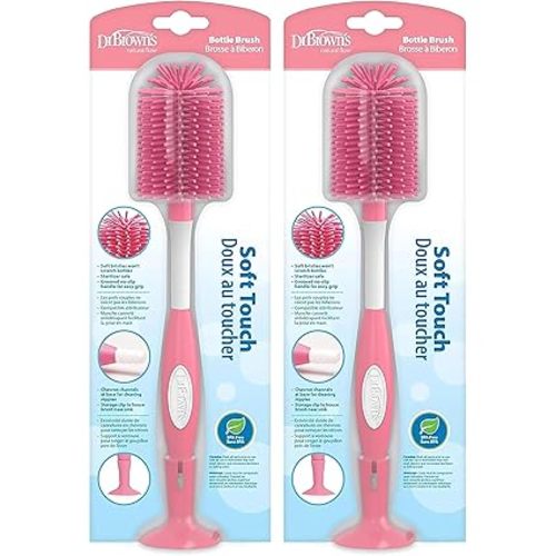 Dr. Brown's Soft Touch No Scratch Baby Bottle Cleaning Brush Nipple Cleaner with Stand and Storage Clip, BPA Free, Pink 1-Pack