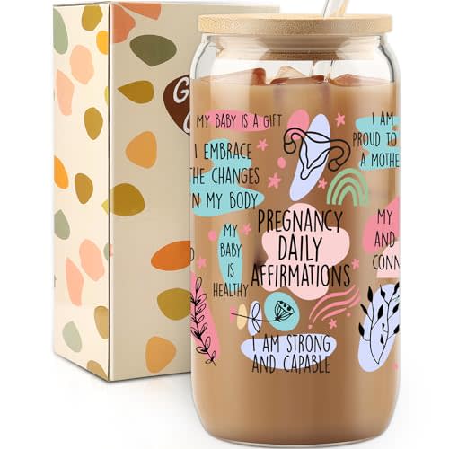 Pregnancy Daily Affirmations Can Glass - Inspirational Gift for Expecting Mother, Encouraging Tumbler for Mom-to-Be, New Mum, Future Mom Gifts, Congratulation Gift, 16oz Iced Coffee Cup with Lid Straw