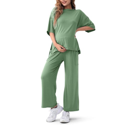 Maternity Lounge Set 2 Piece Outfits Matching Short Sleeve Top Adjustable Long Pants Pregnancy Summer Loungwear