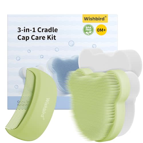 Wishbird Cloud Baby Cradle Cap Brush & Baby Comb Set, 3-in-1 Cradle Cap Treatment with Soft Brush, Hair Comb & Bath Sponge, BPA-Free, Easy to Use | Infant Bath Essentials - Extra Sponge, Serene Green