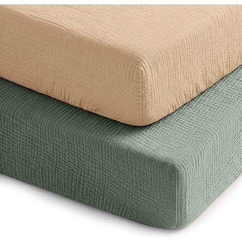 Comfy Cubs 100% Muslin Crib Fitted Sheet 2 Pack, Fern and Cream - 100% Cotton, Soft & Breathable Crib Sheets for Toddler Mattress - Snug Fit, Secure Elastic with Beautiful Packaging