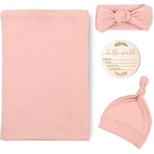 TANOFAR 4-Pack Newborn Swaddle Blanket for Baby Girls & Boys, Ultra Soft Receiving Blankets with Matching Headband and Beanie Set Baby Nursery Swaddle Wrap (Pink)