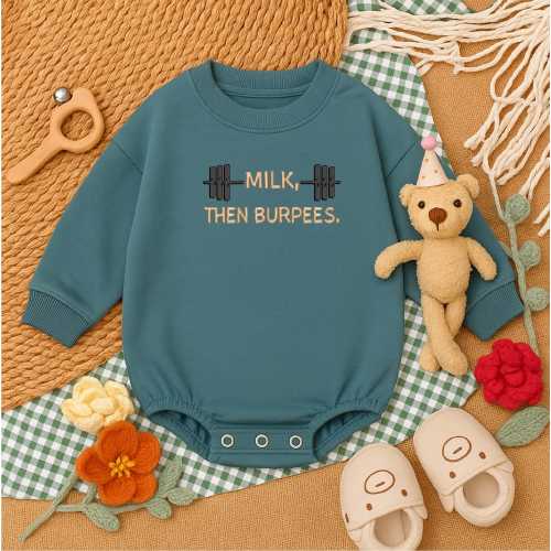 Funny Baby Workout Bodysuit – Milk Then Burpees Embroidered Baby Onesie