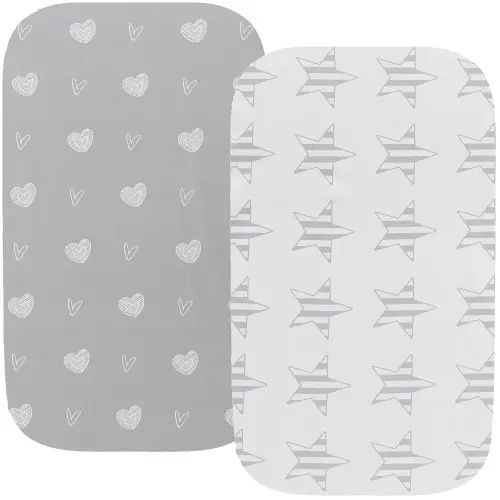 Waterproof Bassinet Sheets, No Need for Bassinet Mattress Pad Cover, 2 Pack Stretch Jersey Knit Super Soft fit for Cradle Oval Rectangle Hourglass Mattress Grey Love & Stars