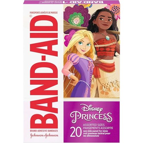 Band-Aid Brand Adhesive Bandages for Minor Cuts & Scrapes, Wound Care Featuring Disney Princess Characters, Fun Bandages for Kids and Toddlers, Assorted Sizes, 20 Count