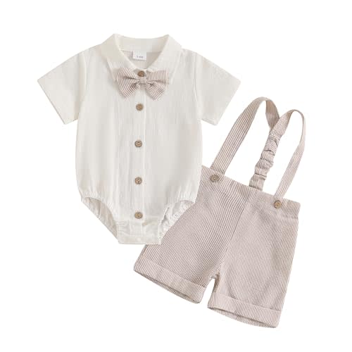 WNGECAT Baby Boy Gentleman Short Sleeve Lapel Neck Romper with Stripe Suspender Shorts and Bowtie