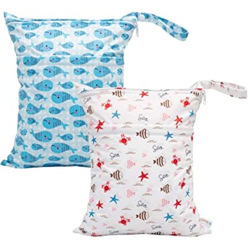 ALVABABY 2pcs Cloth Diaper Wet Dry Bags Waterproof Reusable with Two Zippered Pockets Travel Beach Pool Daycare Soiled Baby Items Yoga Gym Bag for Swimsuits or Wet Clothes LX-YK6163