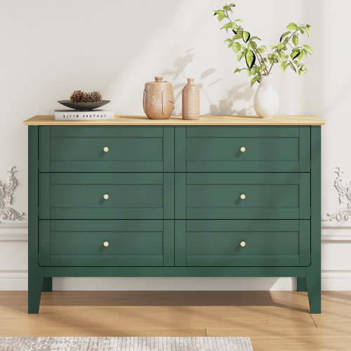 ZOSQUARE 6 Drawer Dresser for Bedroom, Modern Shaker Style Green Dresser with Wood Top and Gold Knobs, Minimalist Chest of drawers for Bedroom, Living Room, Hallway