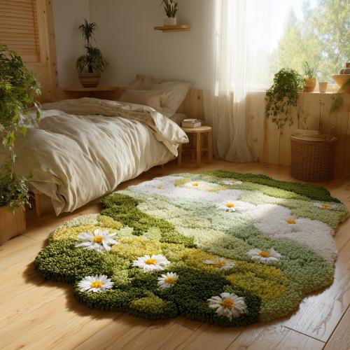 Handmade Tufted Daisy Rug: Moss Green Wildflower Meadow