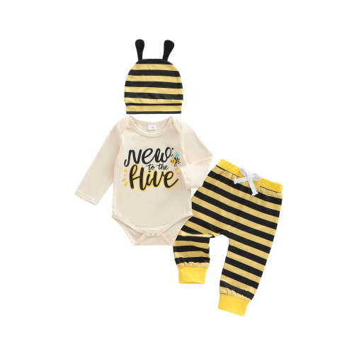 BemeyourBBs Newborn Baby Bee Outfit New to the Hive Letter Long Sleeve Romper Striped Pants and Antenna Hat Spring Fall Clothes