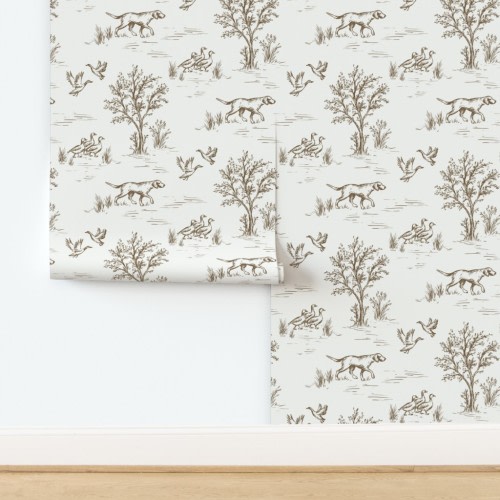 Wallpaper in Rustic Hunting Toile de Jouy in Muted Brown & Ivory Dog Print