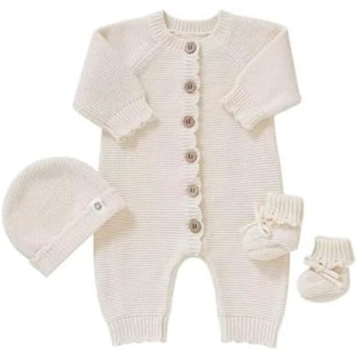Organic Cotton Baby Sweater Knit Romper Hat Booties 3 Piece Newborn Infant Set LongSleeve Cute Outfit Boy Girls Clothe