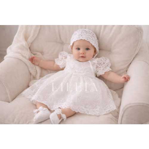 Baptism Dress Girl Set Christening Gown Lace Baby Dress with Bonnet & Booties