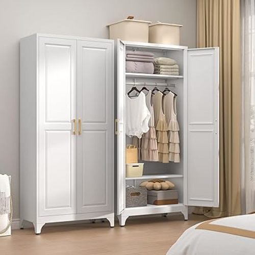 Metal Wardrobe Cabinets,Armoire Wardrobe Closet with Hanging Rod,Clothes Storage Cabinet with Adjustable Shelves and Doors,Clothing Cabinet for Bedroom,Office, Laundry Room