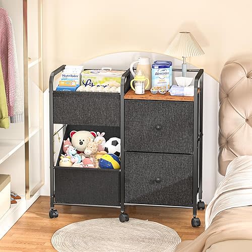 ThreeHio Baby Diaper Caddy Organizer Cart, Bedside Cart for Baby Essentials, Newborn Nursing Storage with Drawers and Lockable Wheels, Baby Organizers and Storage for Bedroom, Living Room, Bathroom