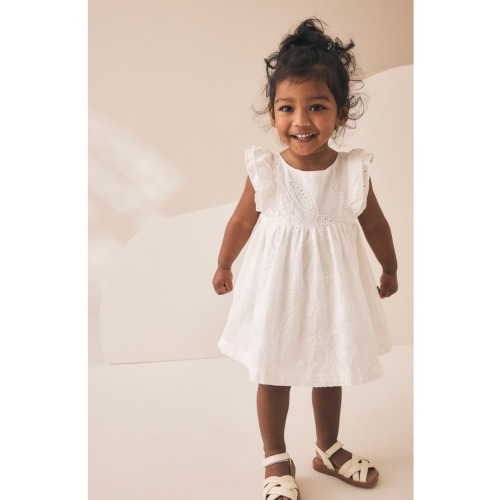 Kids' Embroidered Flutter Sleeve Cotton Dress