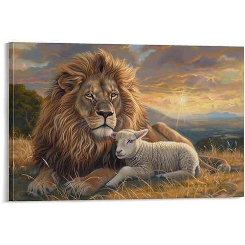 KTIMIPE Animal Sunset Nature Lamb And Lion Pictures Wall Decor Canvas Wall Art Print Poster for Bedroom Living Room Office Bathroom Home Decor 16x24inch(40x60cm)