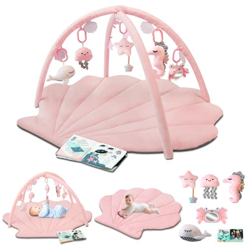 Baby Play Gym Mat, Oversize Baby Tummy Time Play Mat with 6 Detachable Toys for Sensory Exploration Motor Skill Development, Newborn Essentials Shower Gift Activity Mats for Babies 0-6 Months 6-12 Months